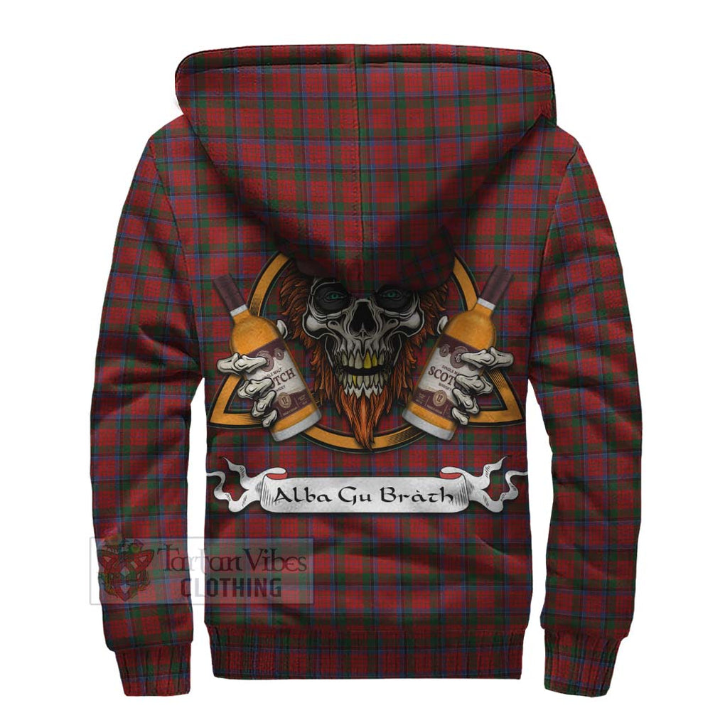 Tartan Vibes Clothing Nicolson Tartan Sherpa Hoodie with Family Crest and Bearded Skull Holding Bottles of Whiskey
