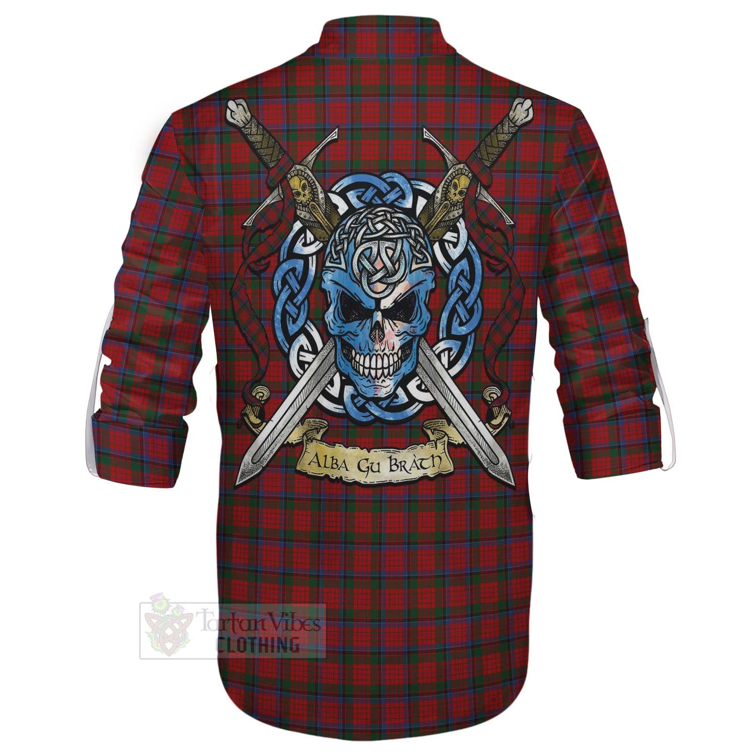 Tartan Vibes Clothing Nicolson Tartan Ghillie Kilt Shirt with Family Crest Celtic Skull Style