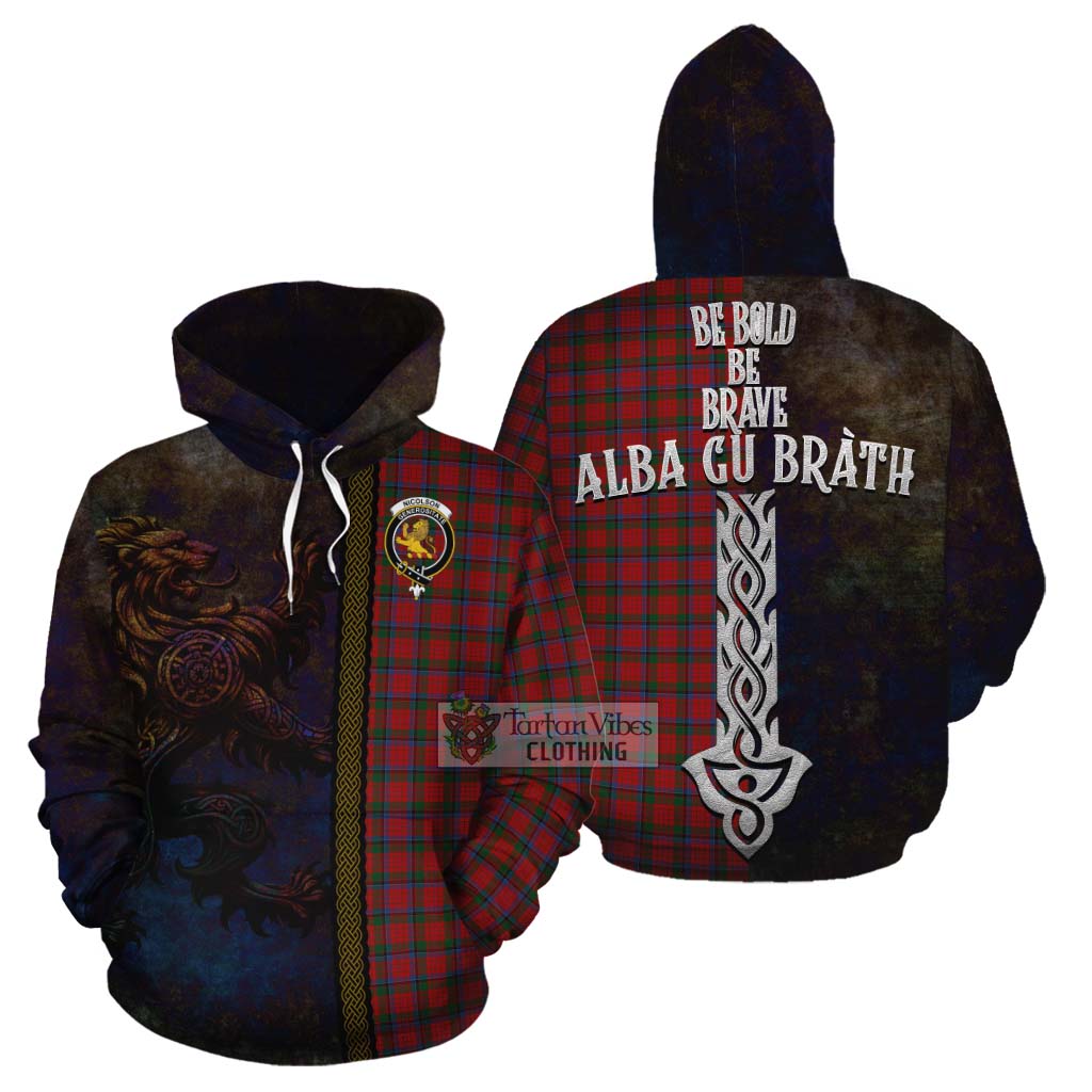 Tartan Vibes Clothing Nicolson Tartan Family Crest Cotton Hoodie Alba Gu Brath Be Brave Lion Ancient Style