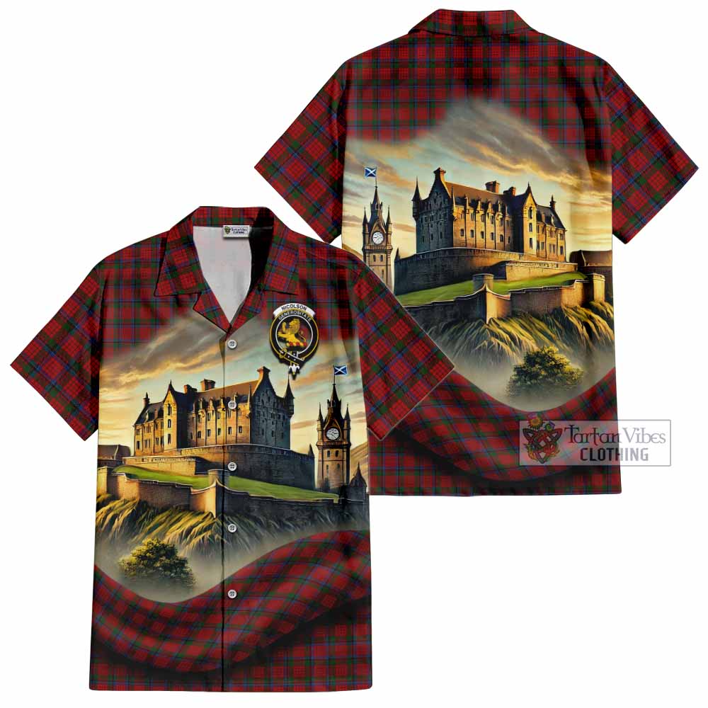 Tartan Vibes Clothing Nicolson Tartan Family Crest Short Sleeve Button Shirt with Scottish Ancient Castle Style