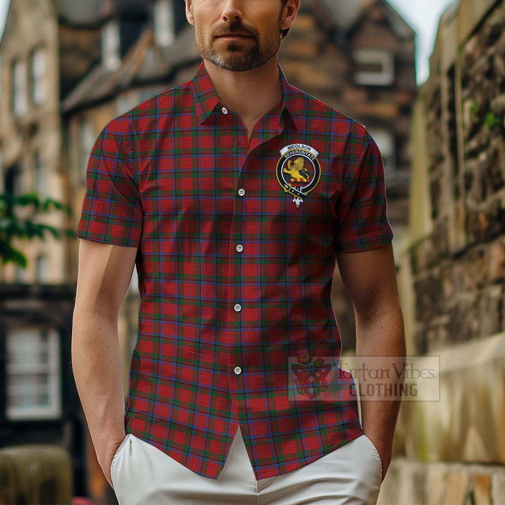 Tartan Vibes Clothing Nicolson Tartan Short Sleeve Button Shirt with Family Crest and Bearded Skull Holding Bottles of Whiskey