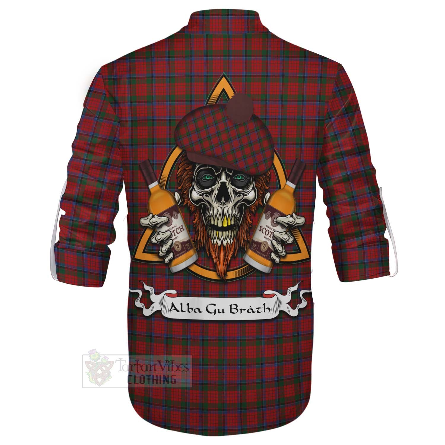 Tartan Vibes Clothing Nicolson Tartan Ghillie Kilt Shirt with Family Crest and Bearded Skull Holding Bottles of Whiskey