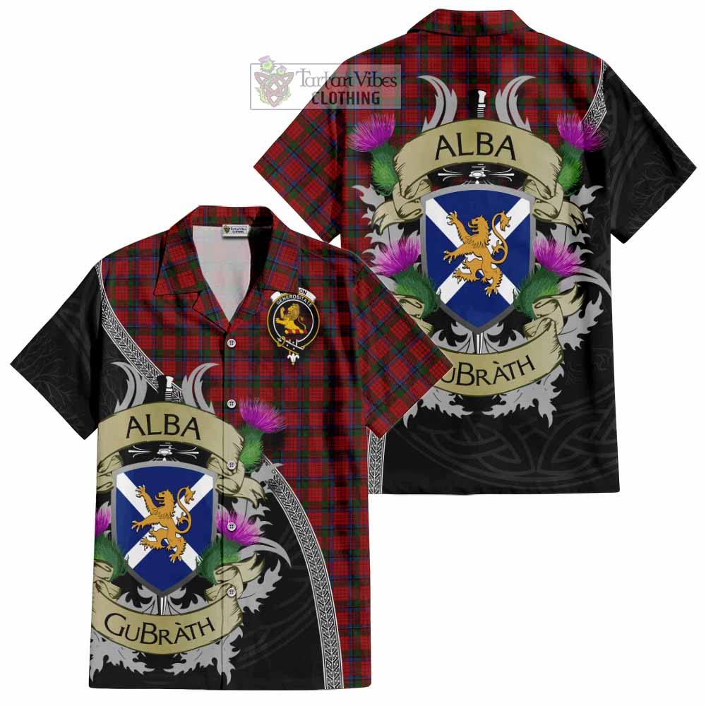 Tartan Vibes Clothing Nicolson Tartan Family Crest Short Sleeve Button Shirt Lion Rampant Royal Thistle Shield Celtic Inspired