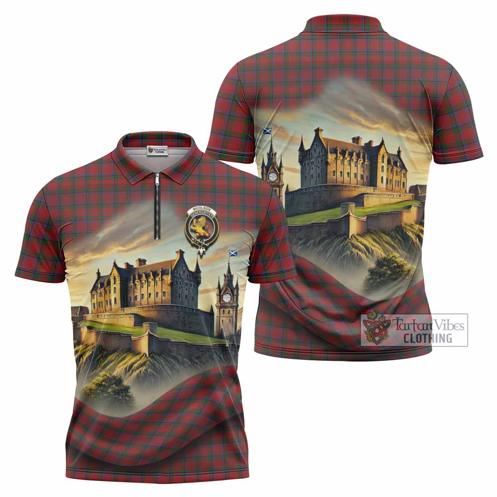 Tartan Vibes Clothing Nicolson Tartan Family Crest Zipper Polo Shirt with Scottish Ancient Castle Stype