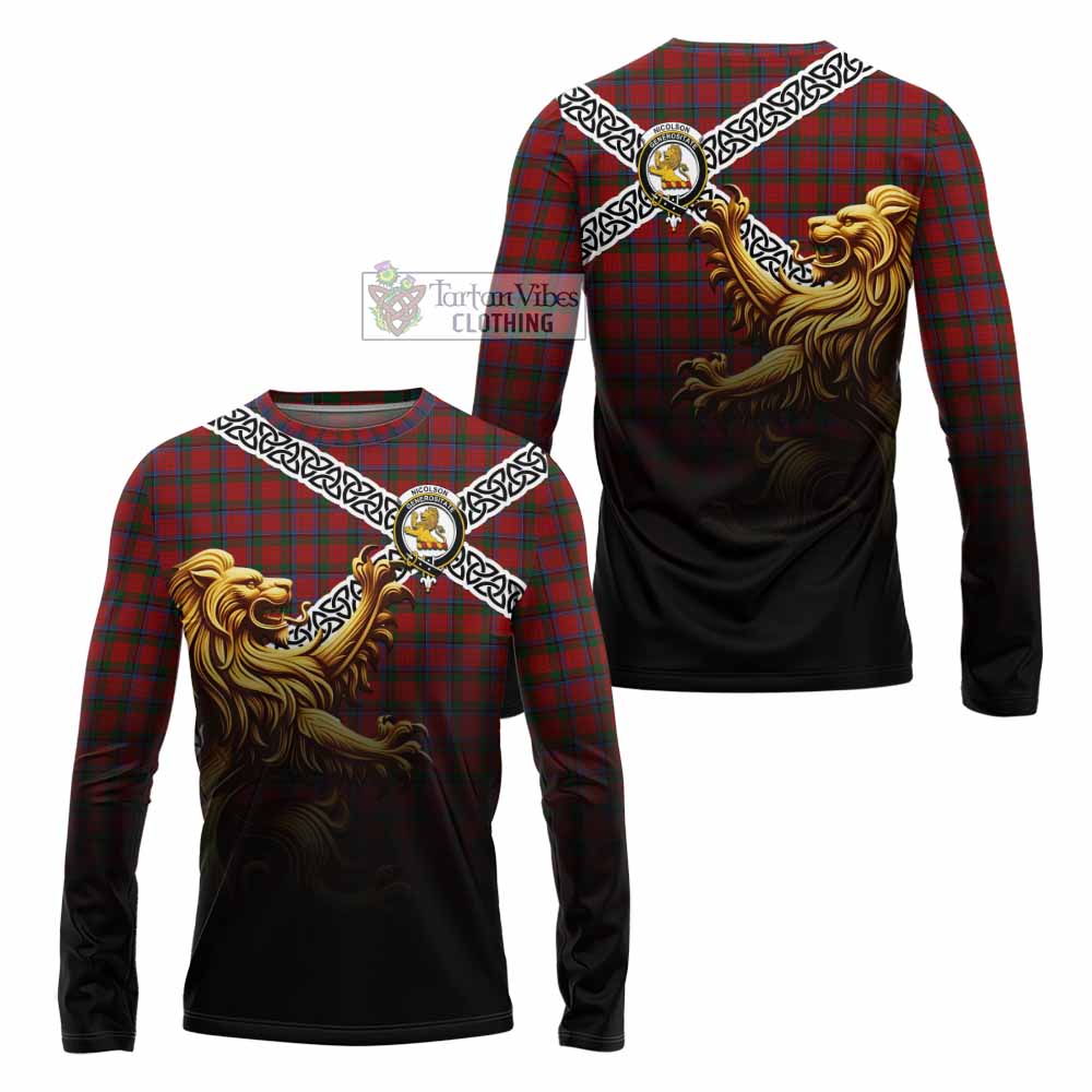 Tartan Vibes Clothing Nicolson Crest Tartan Long Sleeve T-Shirt with Golden Lion Emblem Celtic Style