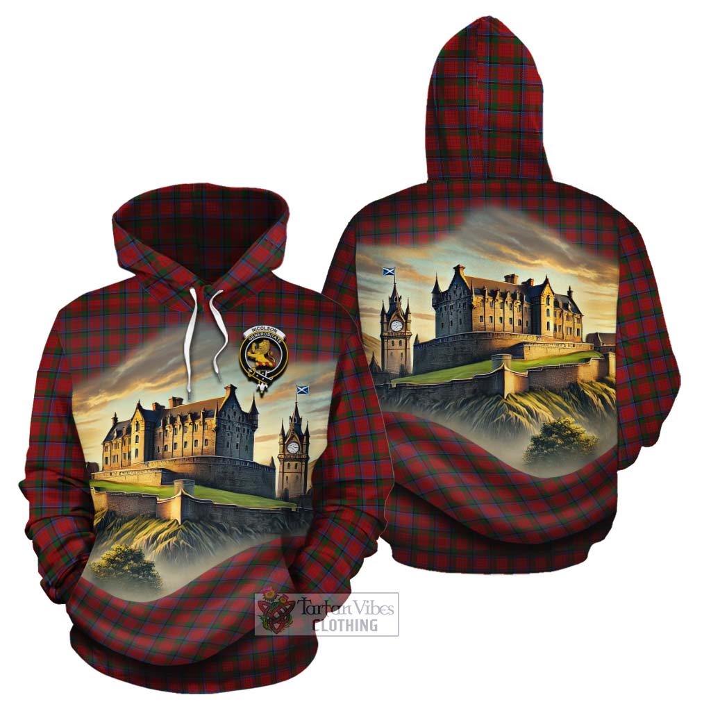 Tartan Vibes Clothing Nicolson Tartan Family Crest Cotton Hoodie with Scottish Ancient Castle Style