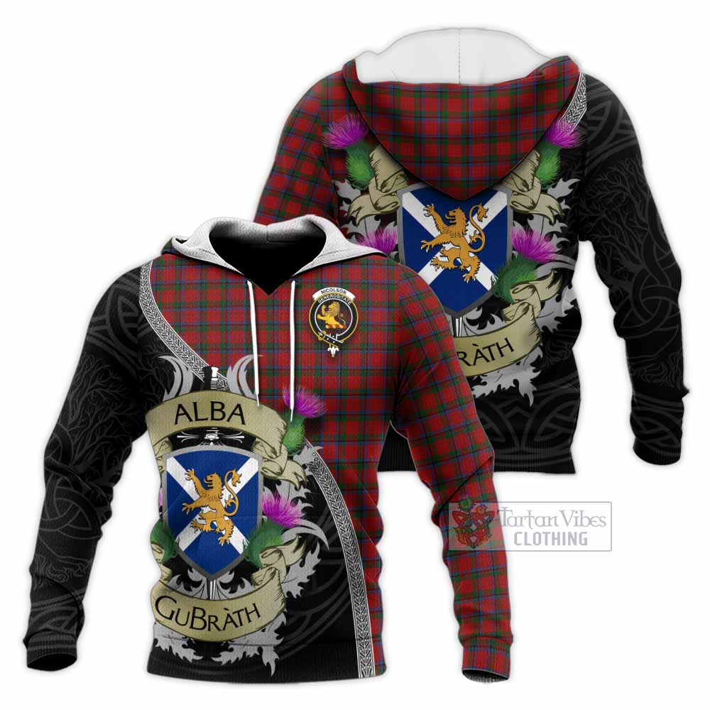 Tartan Vibes Clothing Nicolson Tartan Family Crest Knitted Hoodie Lion Rampant Royal Thistle Shield Celtic Inspired