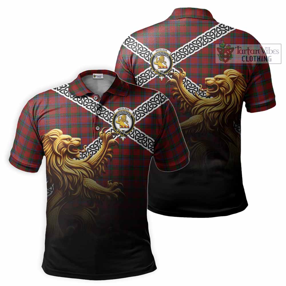 Tartan Vibes Clothing Nicolson Crest Tartan Polo Shirt with Golden Lion Emblem Celtic Style