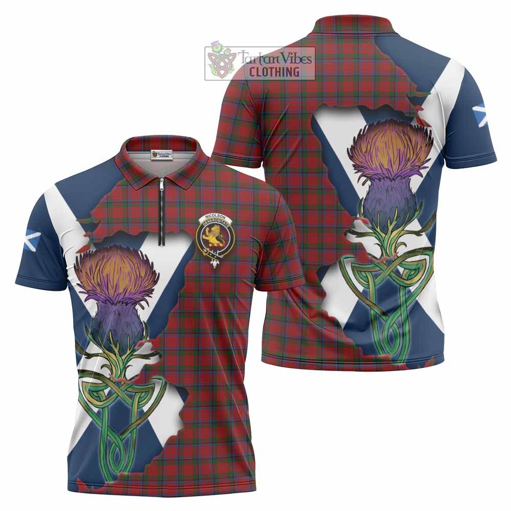 Tartan Vibes Clothing Nicolson Tartan Family Crest Zipper Polo Shirt Scottish Thistle Celtic Inspired