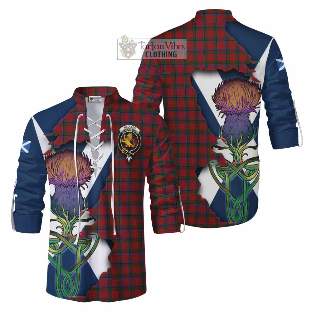 Tartan Vibes Clothing Nicolson Tartan Family Crest Ghillie Kilt Shirt Scottish Thistle Celtic Inspired