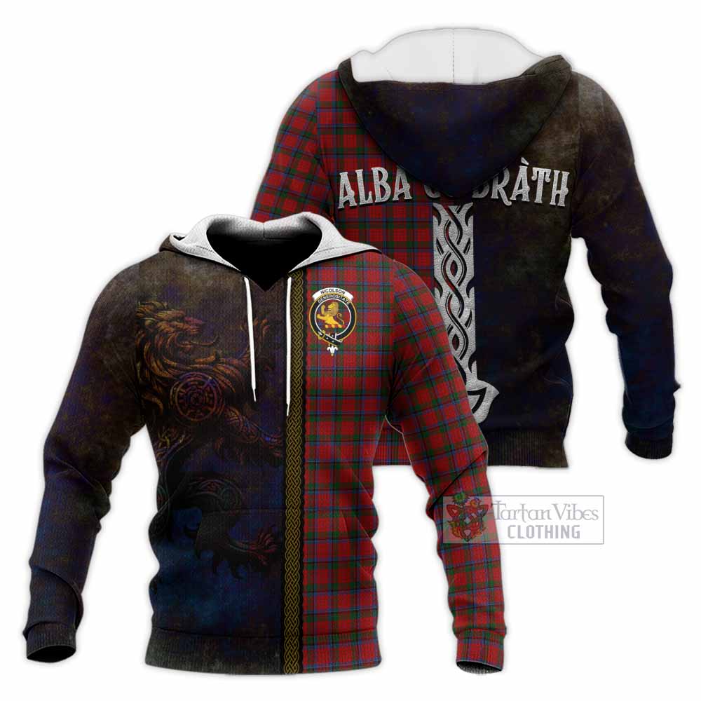 Tartan Vibes Clothing Nicolson Tartan Family Crest Knitted Hoodie Alba Gu Brath Be Brave Lion Ancient Style