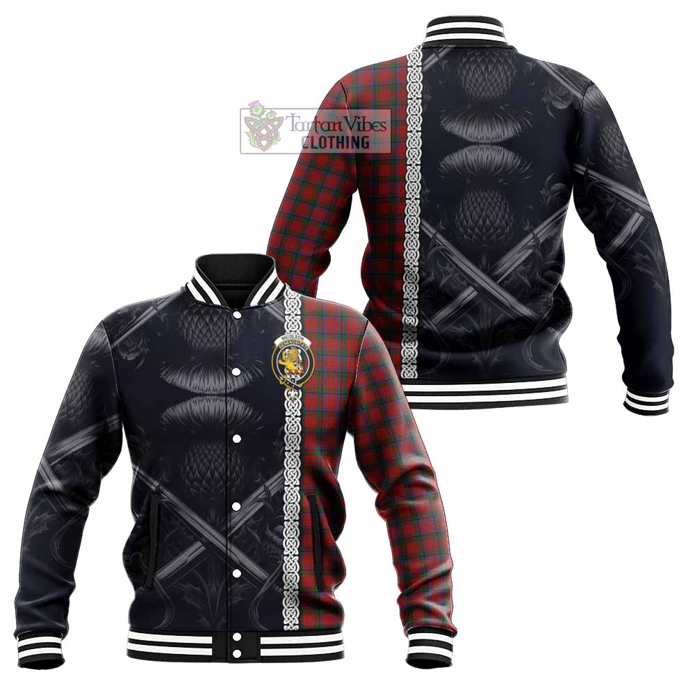 Nicolson Tartan Baseball Jacket with Family Crest Cross Sword Thistle Celtic Vibes - Tartan Vibes Clothing