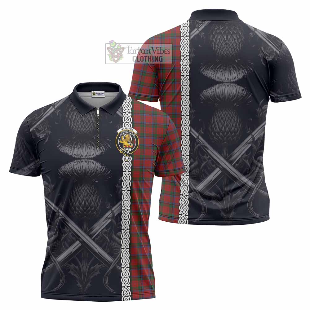 Tartan Vibes Clothing Nicolson Tartan Zipper Polo Shirt with Family Crest Cross Sword Thistle Celtic Vibes