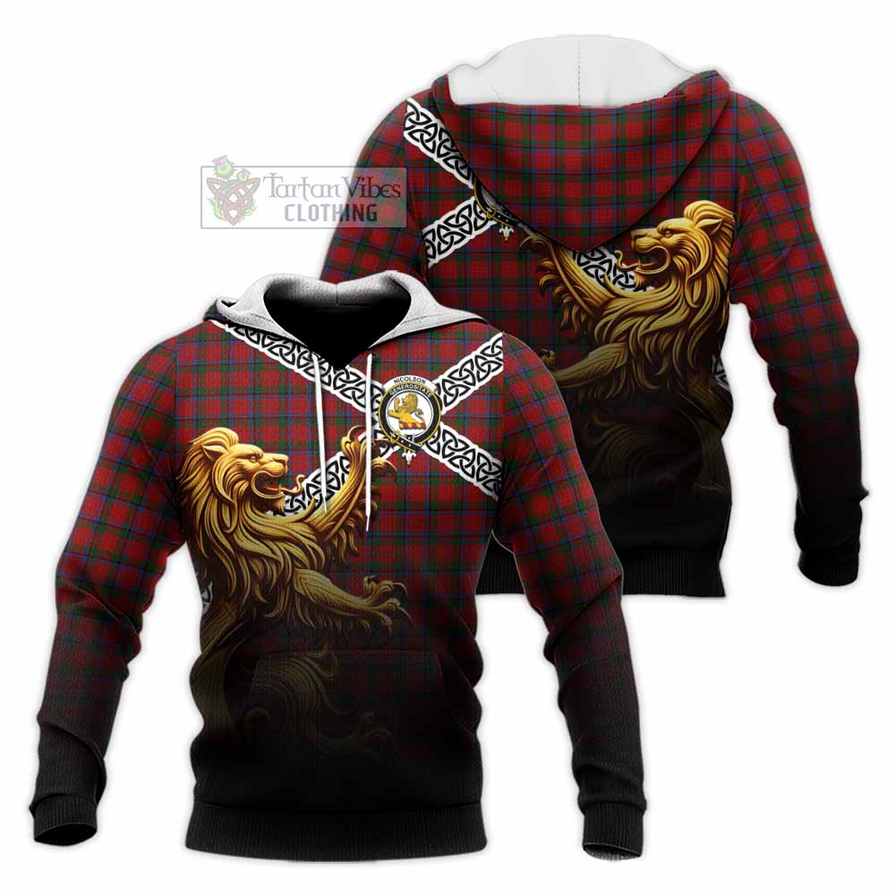 Tartan Vibes Clothing Nicolson Crest Tartan Knitted Hoodie with Golden Lion Emblem Celtic Style