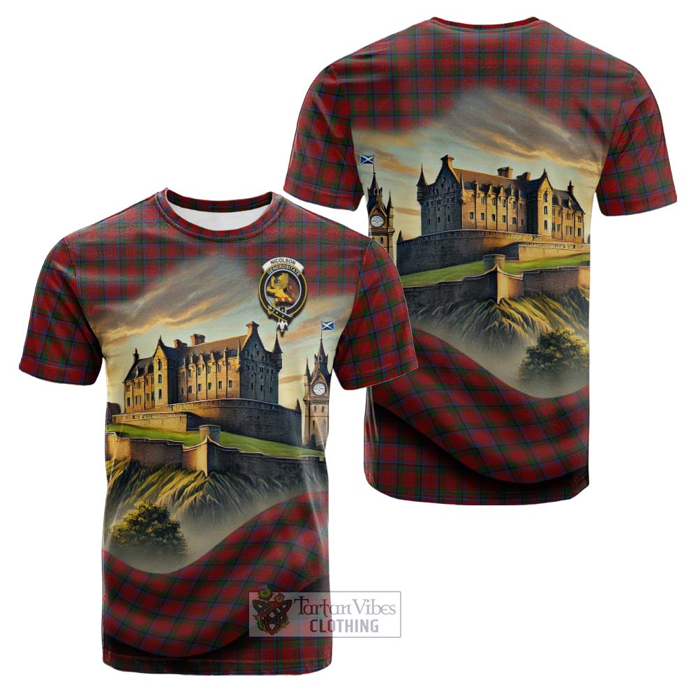 Tartan Vibes Clothing Nicolson Tartan Family Crest Cotton T-shirt with Scottish Ancient Castle Style