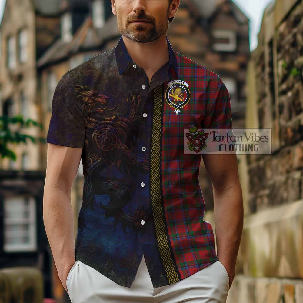 Tartan Vibes Clothing Nicolson Tartan Family Crest Short Sleeve Button Shirt Alba Gu Brath Be Brave Lion Ancient Style