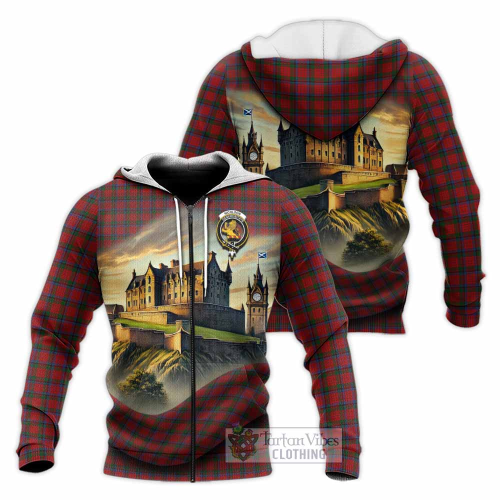 Tartan Vibes Clothing Nicolson Tartan Family Crest Knitted Hoodie with Scottish Ancient Castle Style