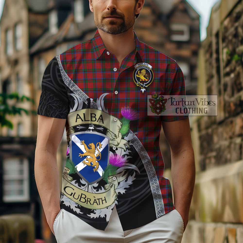 Tartan Vibes Clothing Nicolson Tartan Family Crest Short Sleeve Button Shirt Lion Rampant Royal Thistle Shield Celtic Inspired