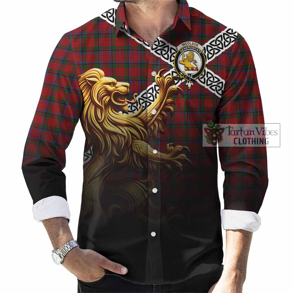 Tartan Vibes Clothing Nicolson Crest Tartan Long Sleeve Button Shirt with Golden Lion Emblem Celtic Style
