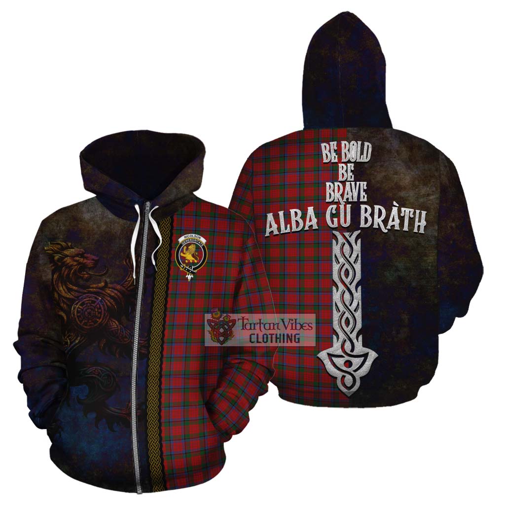 Tartan Vibes Clothing Nicolson Tartan Family Crest Cotton Hoodie Alba Gu Brath Be Brave Lion Ancient Style