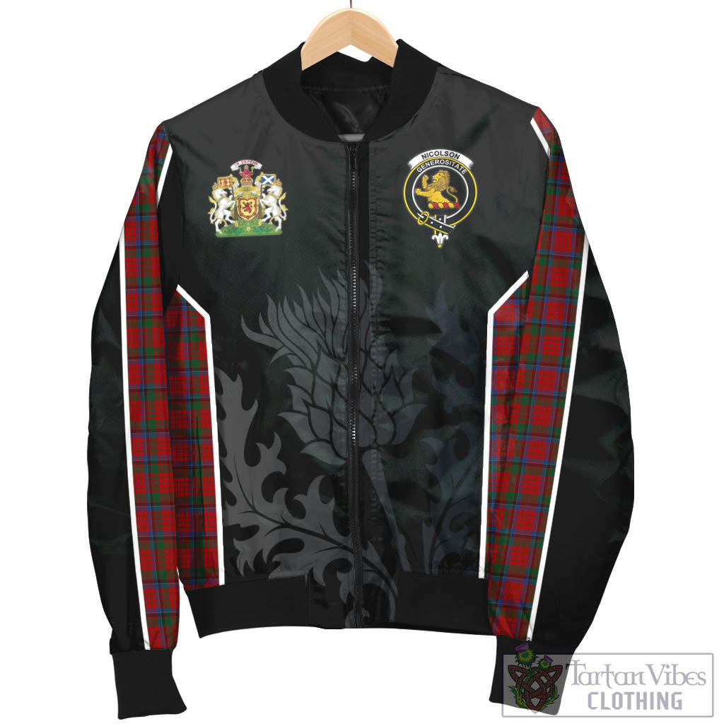 Tartan Vibes Clothing Nicolson Tartan Bomber Jacket with Family Crest and Scottish Thistle Vibes Sport Style