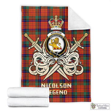 Nicolson Ancient Tartan Blanket with Clan Crest and the Golden Sword of Courageous Legacy