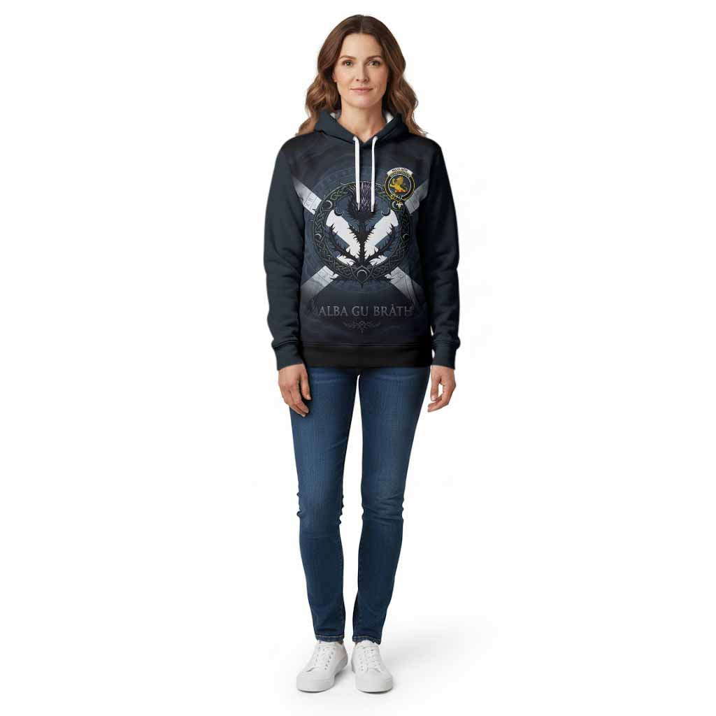 Nicolson Clan Crest Cotton Hoodie with Celtic Knot Thistle and Saltire