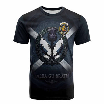 Nicolson Clan Crest Cotton T-shirt with Celtic Knot Thistle and Saltire