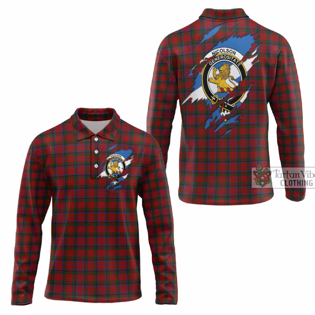 Nicolson Clan Crest In Me Tartan Long Sleeve Polo Shirt Scotland Flag Style