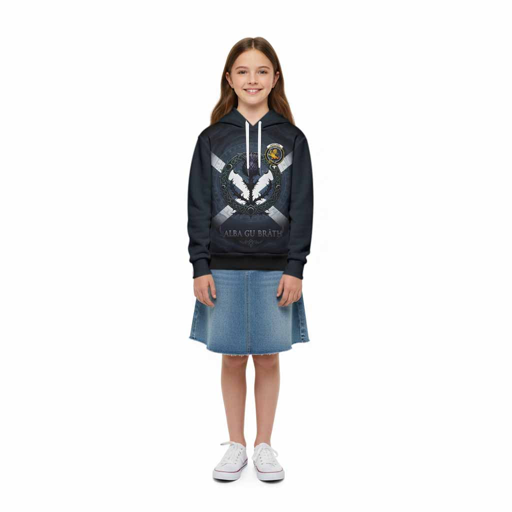 Nicolson Clan Crest Kid Hoodie with Celtic Knot Thistle and Saltire