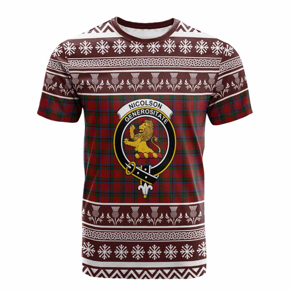 Nicolson Clan Tartan Christmas Cotton T-shirt with Family Crest - Tartan Vibes Clothing