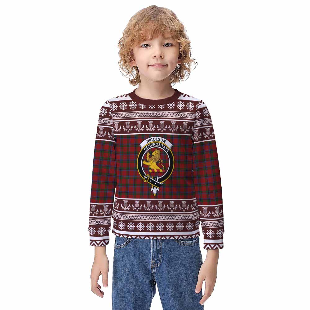 Nicolson Clan Tartan Christmas Kid Ugly Sweatshirt with Family Crest - Tartan Vibes Clothing
