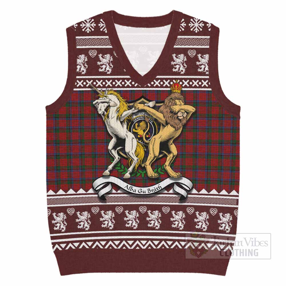 Nicolson Clan Tartan Crest Christmas Knitted V-Neck Vest Coat of Arms Funny Style - Tartan Vibes Clothing