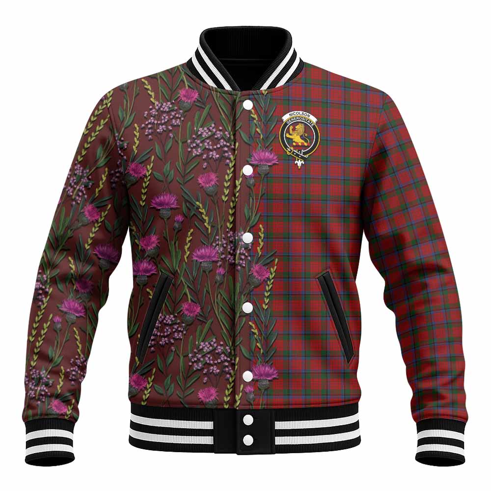 Nicolson Family Crest Tartan Baseball Jacket Scottish Thistle Flower Pattern Half Style - Tartan Vibes Clothing