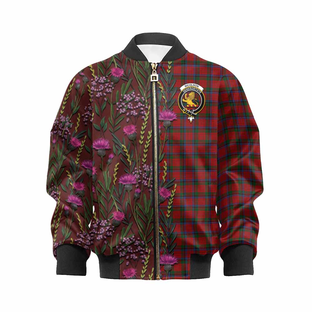 Nicolson Family Crest Tartan Kid Bomber Jacket Scottish Thistle Flower Pattern Half Style - Tartan Vibes Clothing