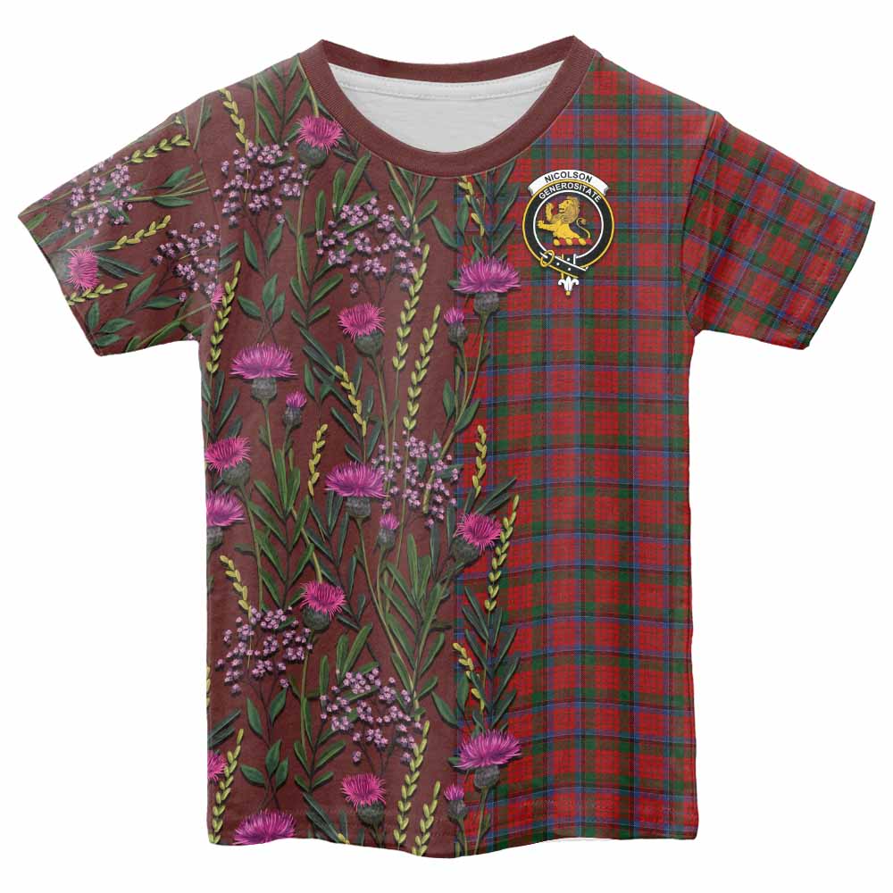 Nicolson Family Crest Tartan Kid T-shirt Scottish Thistle Flower Pattern Half Style - Tartan Vibes Clothing