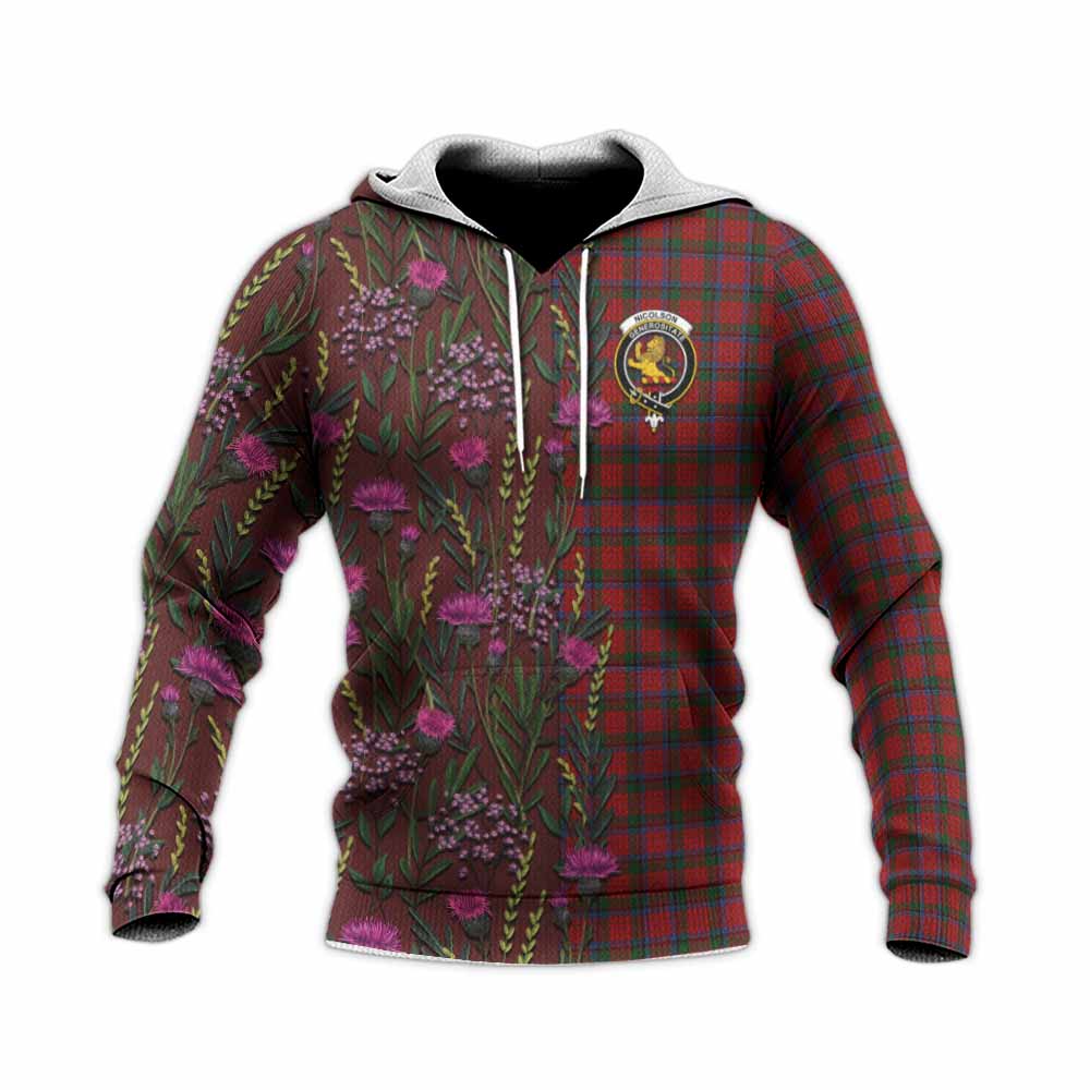 Nicolson Family Crest Tartan Knitted Hoodie Scottish Thistle Flower Pattern Half Style - Tartan Vibes Clothing