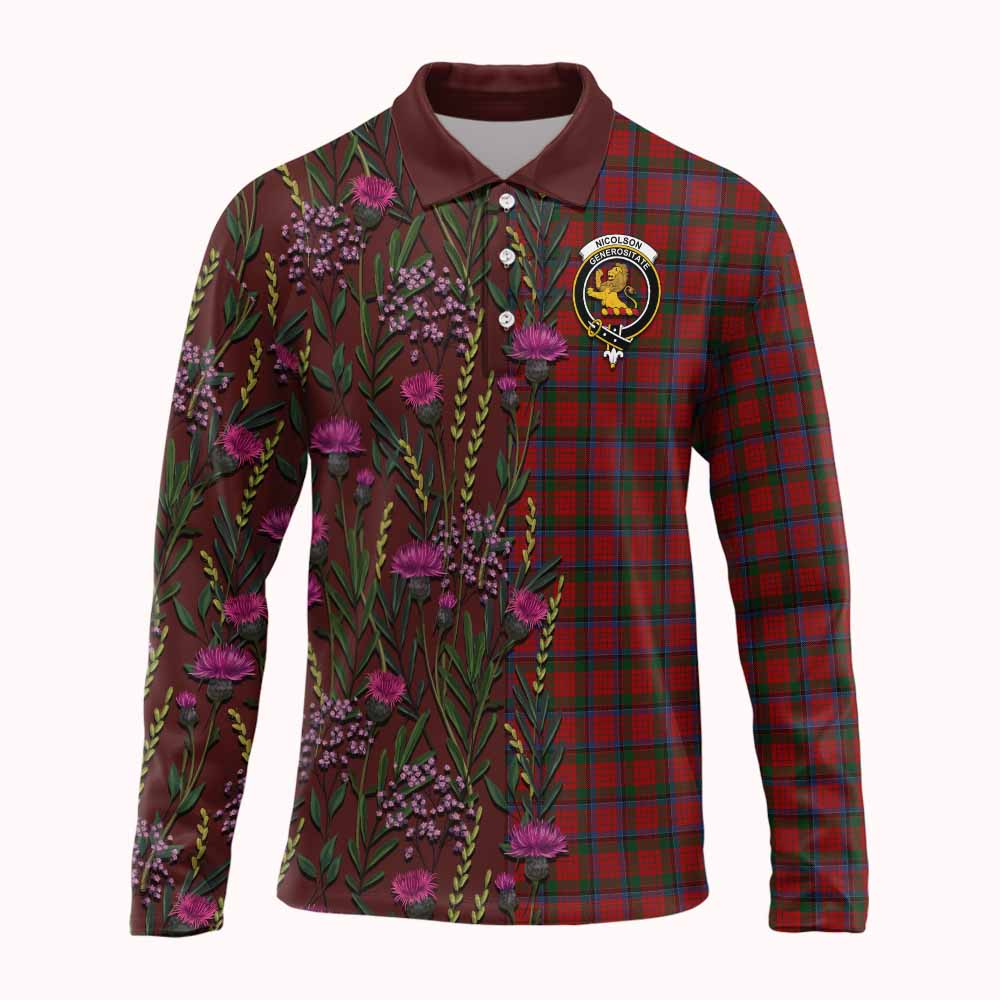 Nicolson Family Crest Tartan Long Sleeve Polo Shirt Scottish Thistle Flower Pattern Half Style - Tartan Vibes Clothing
