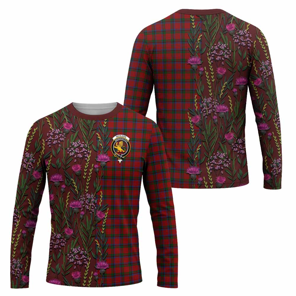 Nicolson Family Crest Tartan Long Sleeve T-Shirt Scottish Thistle Flower Pattern Half Style - Tartan Vibes Clothing