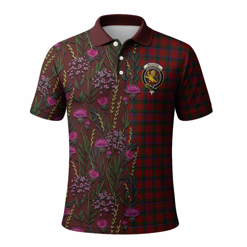 Nicolson Family Crest Tartan Polo Shirt Scottish Thistle Flower Pattern Half Style - Tartan Vibes Clothing