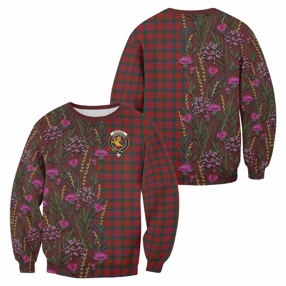 Nicolson Family Crest Tartan Sweatshirt Scottish Thistle Flower Pattern Half Style - Tartan Vibes Clothing