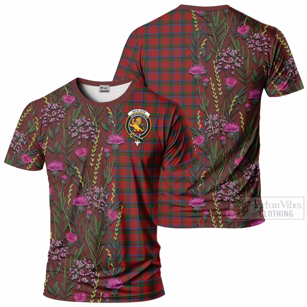 Nicolson Family Crest Tartan T-Shirt Scottish Thistle Flower Pattern Half Style - Tartan Vibes Clothing