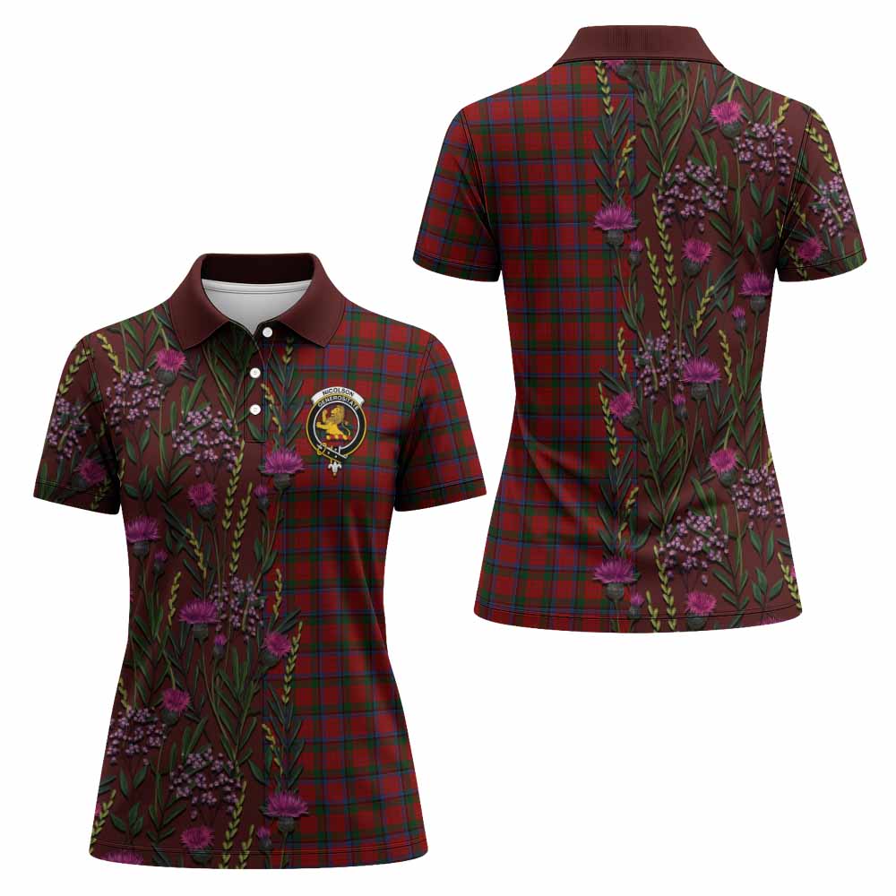 Nicolson Family Crest Tartan Women Polo Shirt Scottish Thistle Flower Pattern Half Style - Tartan Vibes Clothing