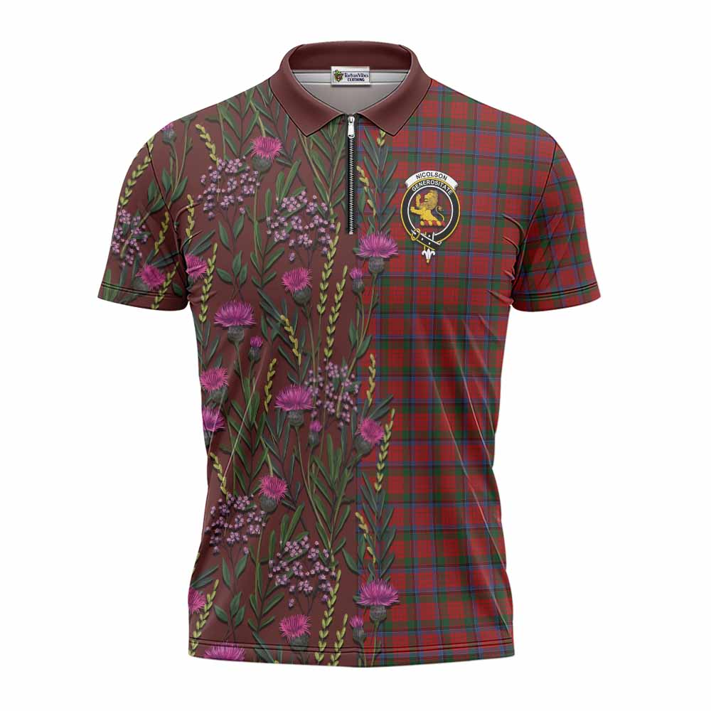 Nicolson Family Crest Tartan Zipper Polo Shirt Scottish Thistle Flower Pattern Half Style - Tartan Vibes Clothing
