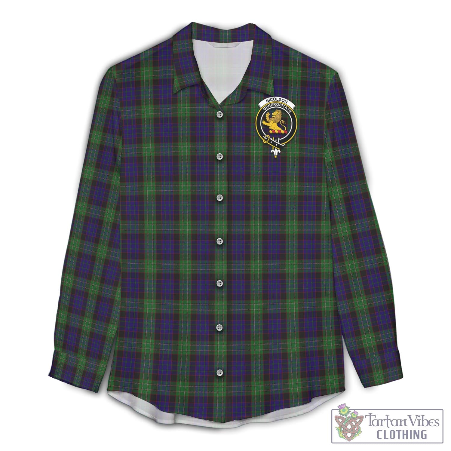 Tartan Vibes Clothing Nicolson Green Hunting Tartan Womens Casual Shirt with Family Crest