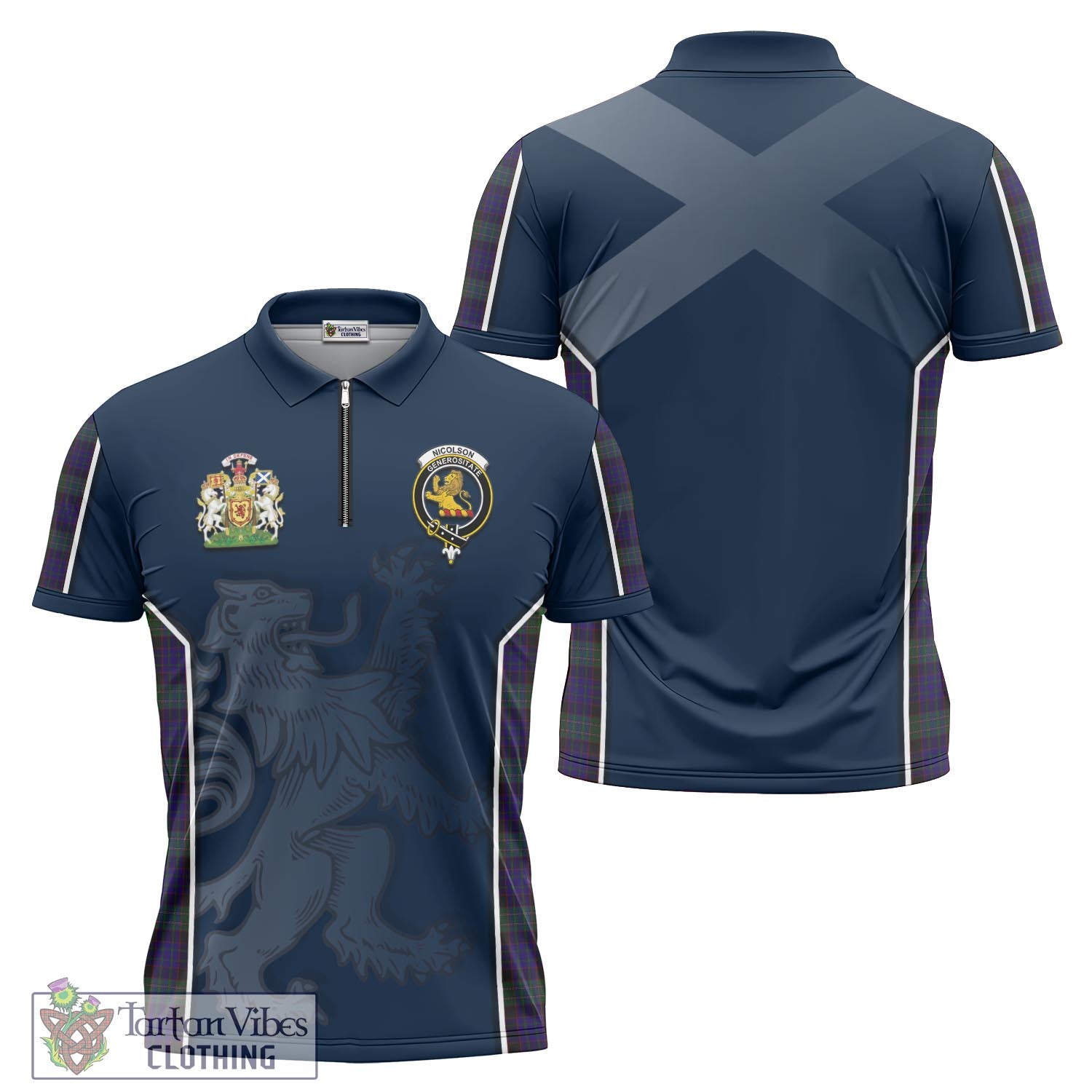 Tartan Vibes Clothing Nicolson Green Hunting Tartan Zipper Polo Shirt with Family Crest and Lion Rampant Vibes Sport Style