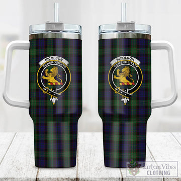 Nicolson Green Hunting Tartan and Family Crest Tumbler with Handle