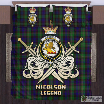 Nicolson Green Hunting Tartan Bedding Set with Clan Crest and the Golden Sword of Courageous Legacy