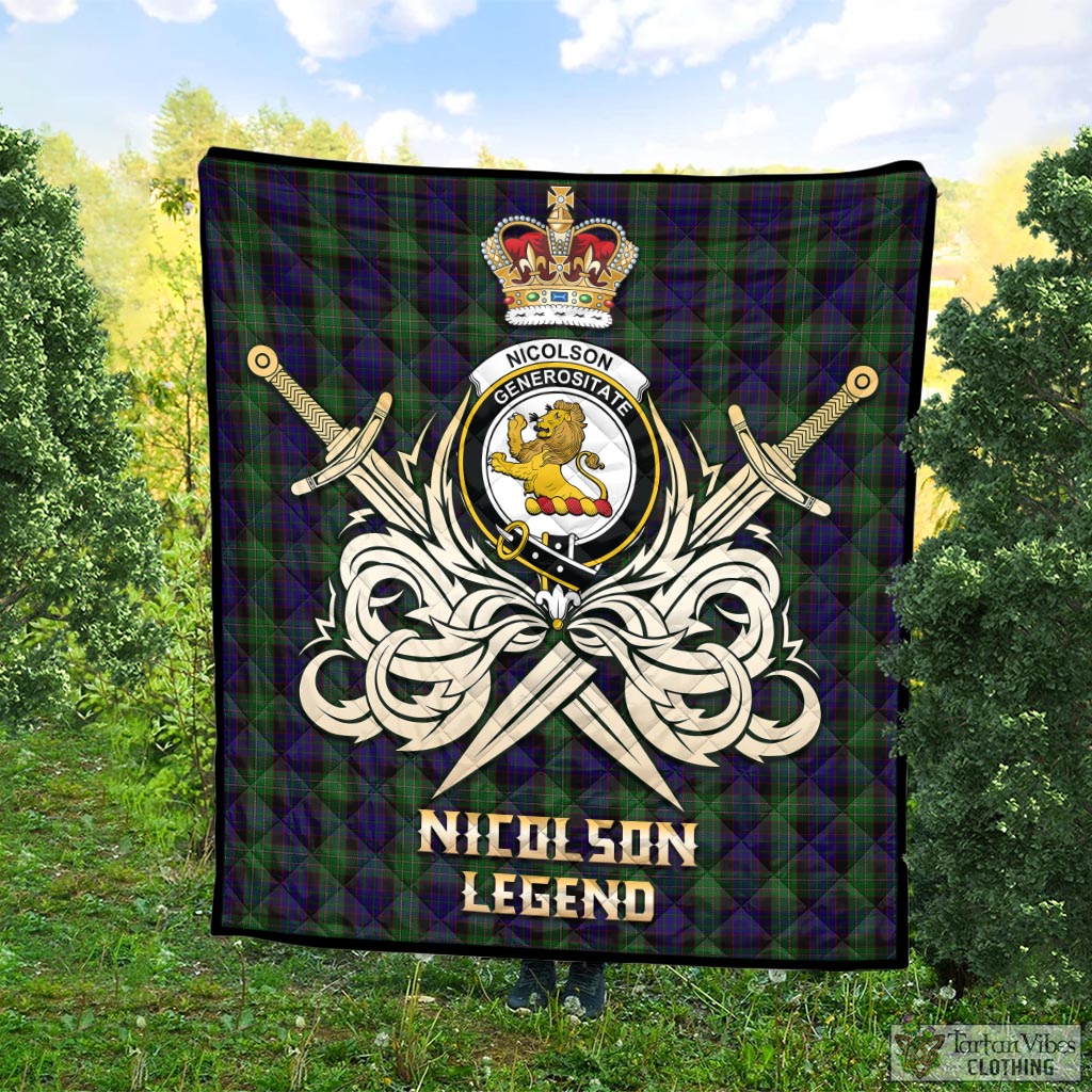 Tartan Vibes Clothing Nicolson Green Hunting Tartan Quilt with Clan Crest and the Golden Sword of Courageous Legacy