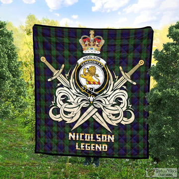 Nicolson Green Hunting Tartan Quilt with Clan Crest and the Golden Sword of Courageous Legacy